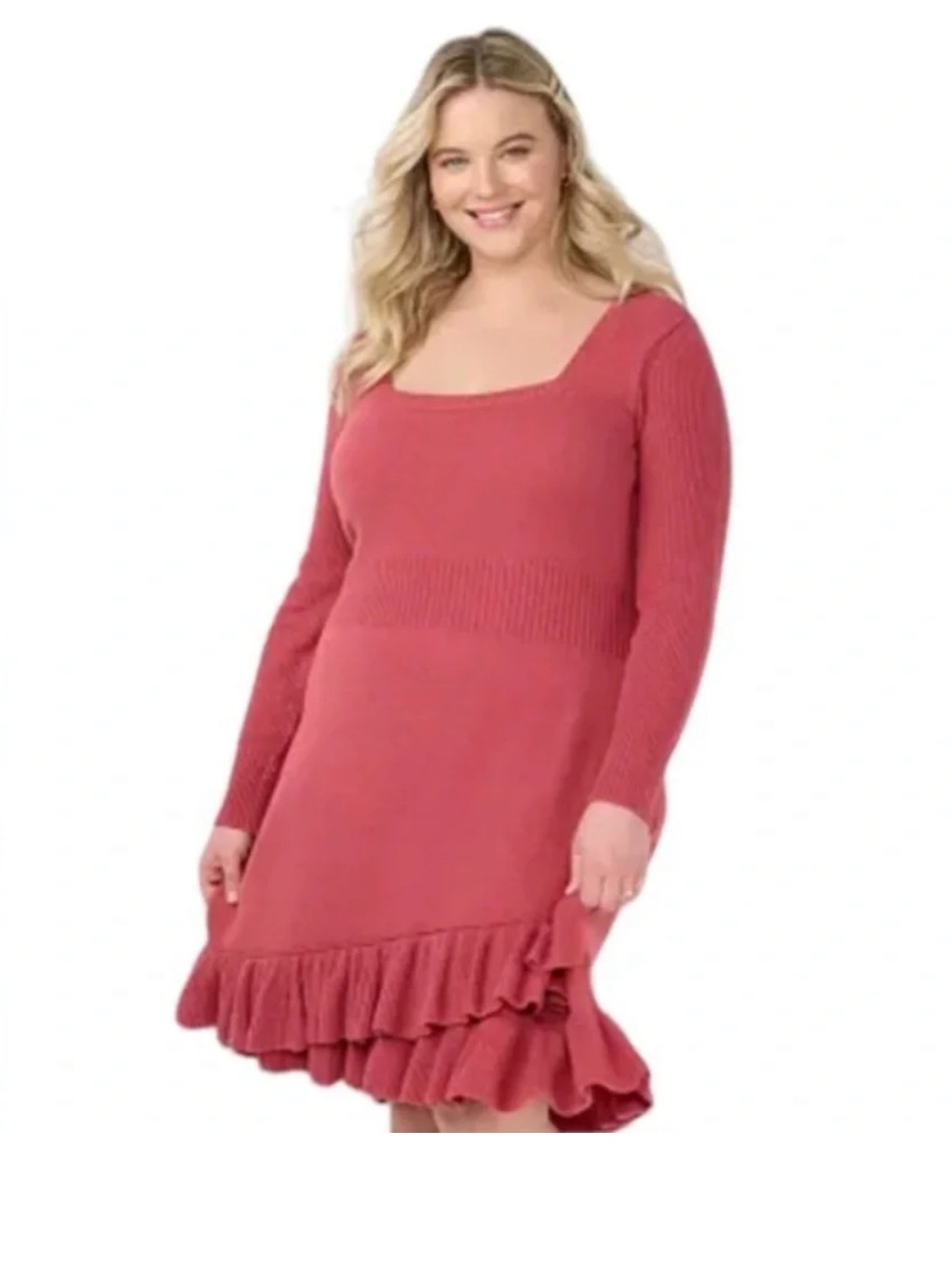LC Lauren Conrad Rose-Pink Square Neck Ruffle-Hem Sweater Dress